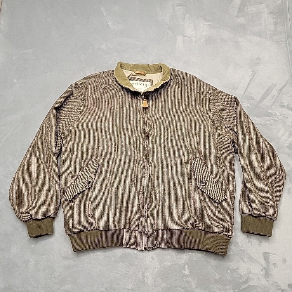 Orvis Jacket Mens Brown Harrington Full Zip Corduroy Trim Micro Check Bomber